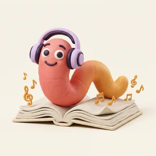 Earworm mascot, a headphoned worm on an open book